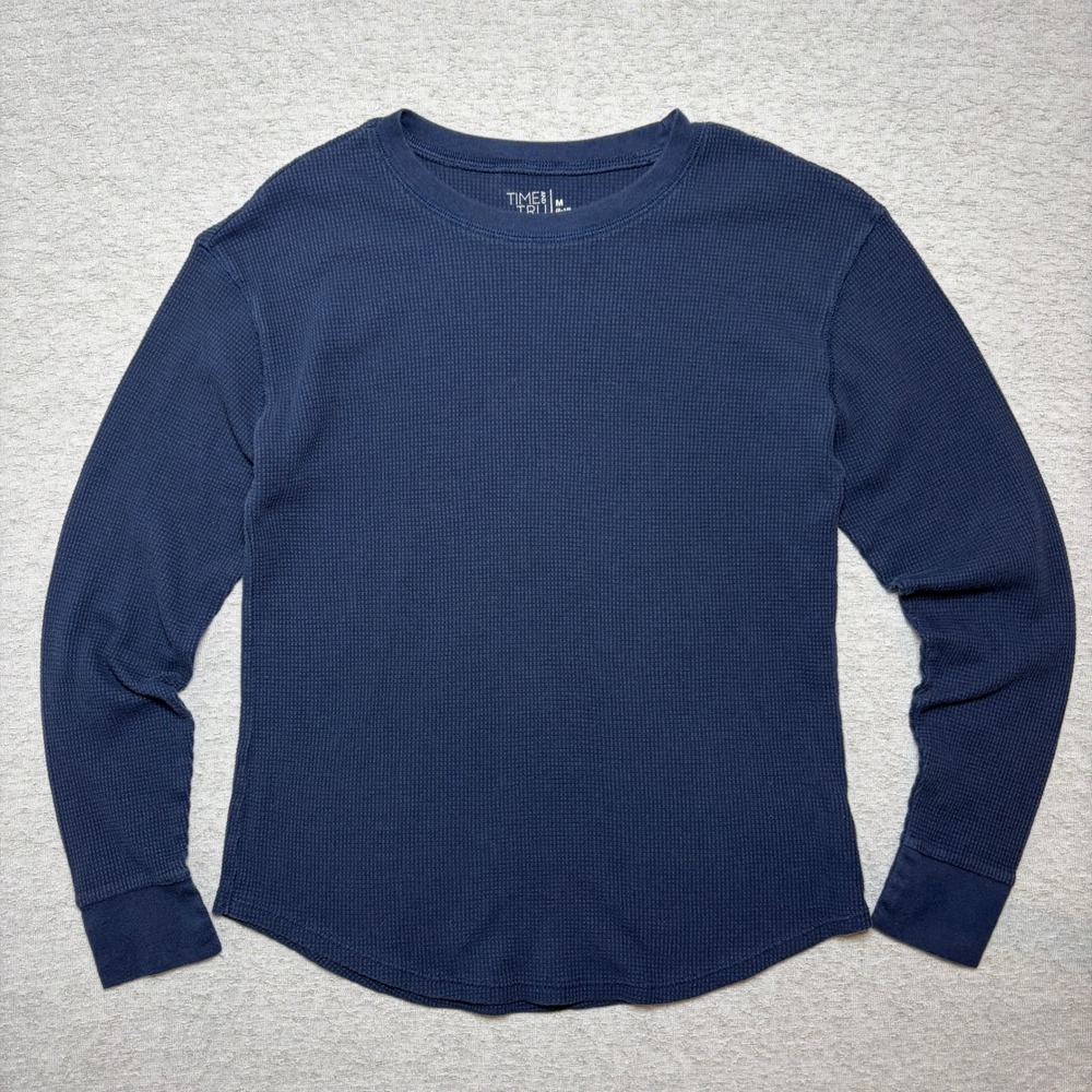 Time and Tru Womens Waffle Knit Top Medium 8-10 Navy Blue Thermal Long Sleeve